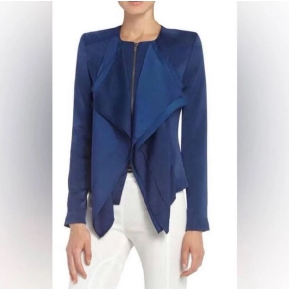 BCBG MaxAzria Cobalt Blue Flora Ruffled Jacket padded shoulders Size Medium - Picture 3 of 9